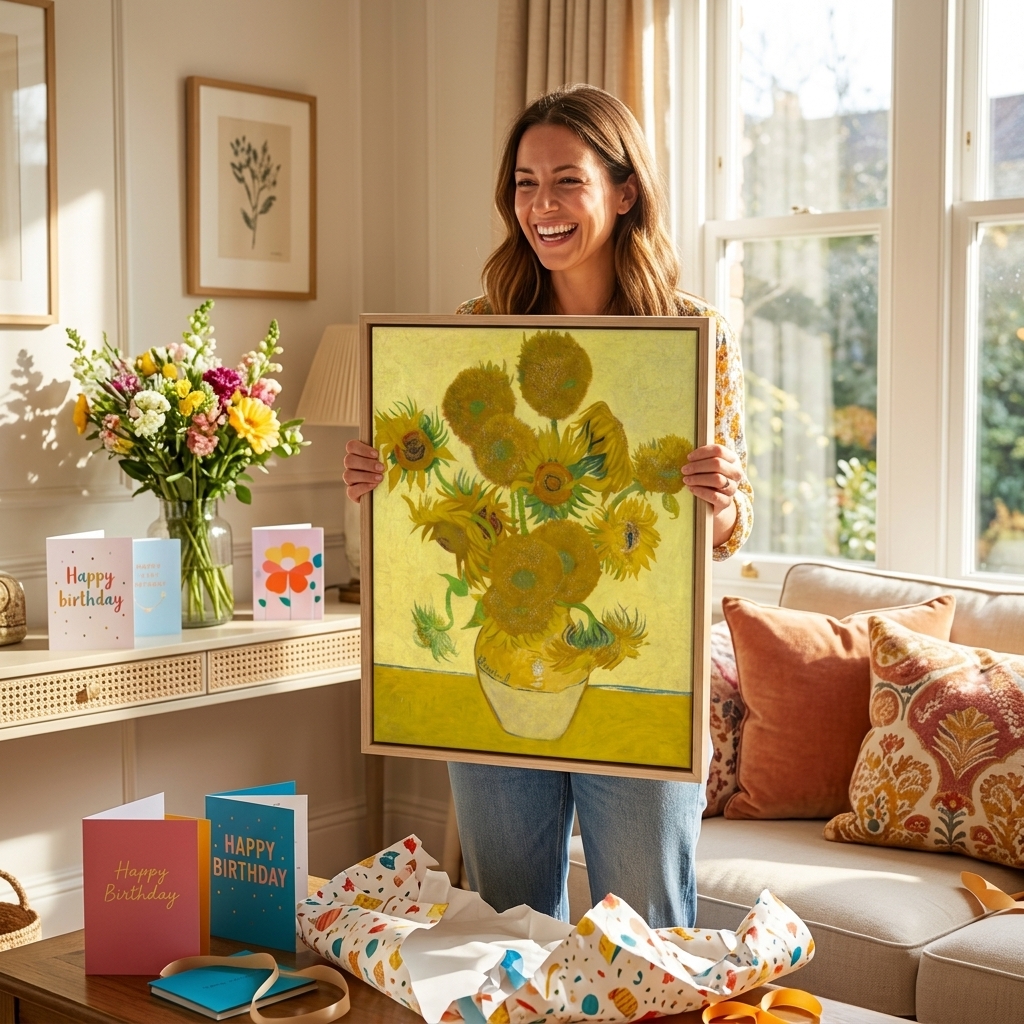 A framed art print displayed as a birthday gift