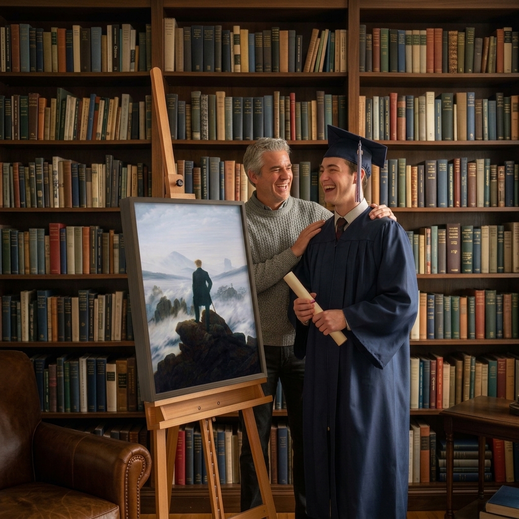 A framed art print displayed as a graduation gift