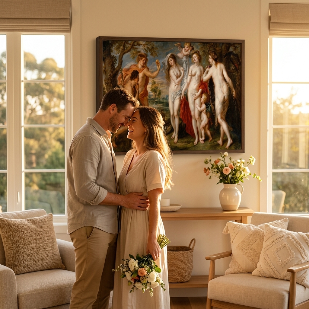 A framed art print displayed as a wedding gift